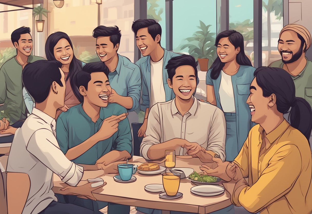 A group of young Malay individuals engaging in light-hearted conversations, exchanging witty pickup lines with laughter and smiles