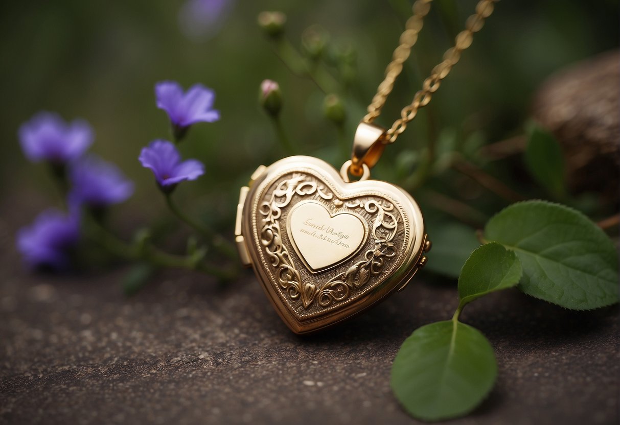 A heart-shaped locket with a personalized engraving, surrounded by delicate wildflowers and a single rose, symbolizing love and growth