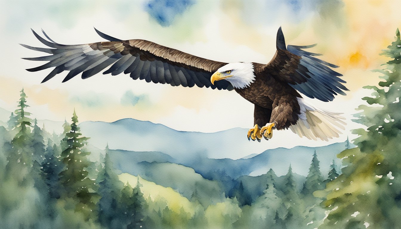 A majestic eagle soaring above a lush forest, with its keen eyes scanning the landscape below