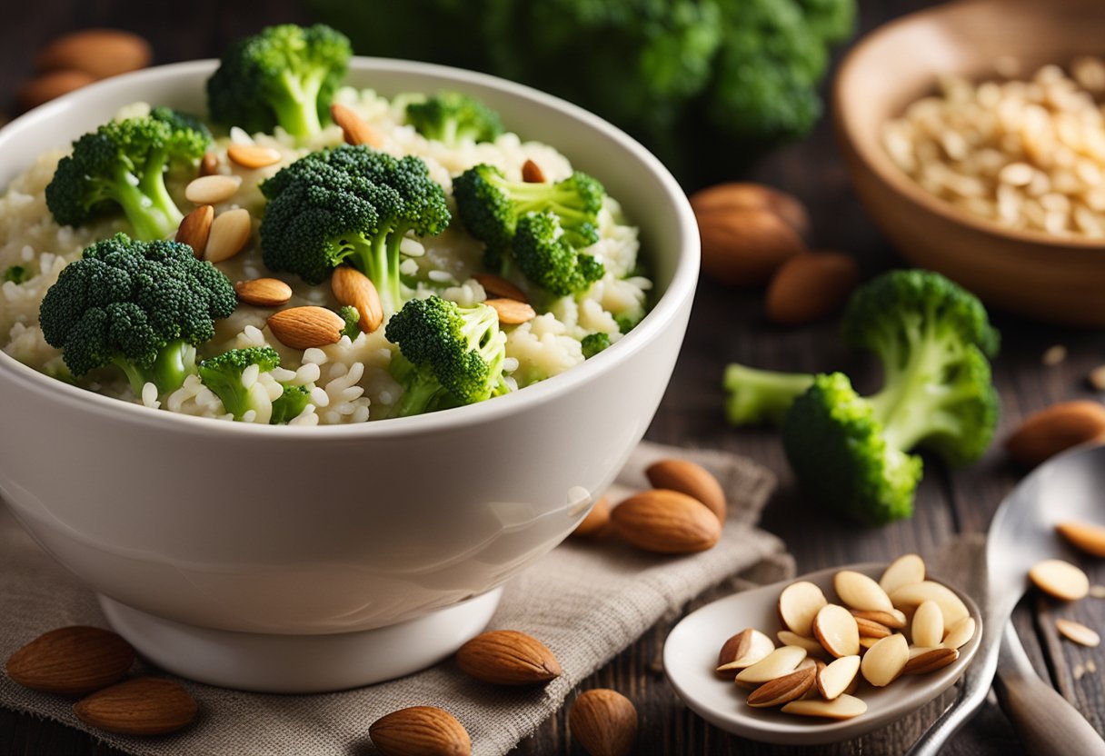 A steaming bowl of broccoli risotto topped with toasted almonds sits on a rustic wooden table, surrounded by fresh ingredients and a hint of steam rising from the dish