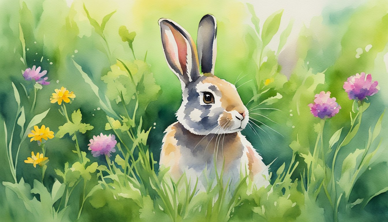 A rabbit spirit animal hops through a lush green meadow, surrounded by vibrant wildflowers and tall grass.</p><p>It pauses to nibble on a clover, its ears perked up, exuding a sense of alertness and agility