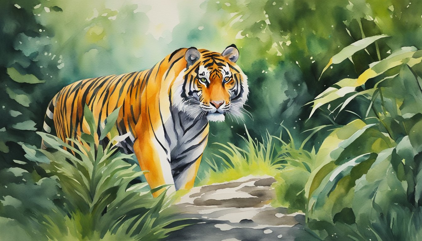 Tiger prowls through a lush forest, its powerful presence emanating strength and confidence.</p><p>The vibrant stripes and intense gaze capture the essence of integrating tiger qualities into daily life