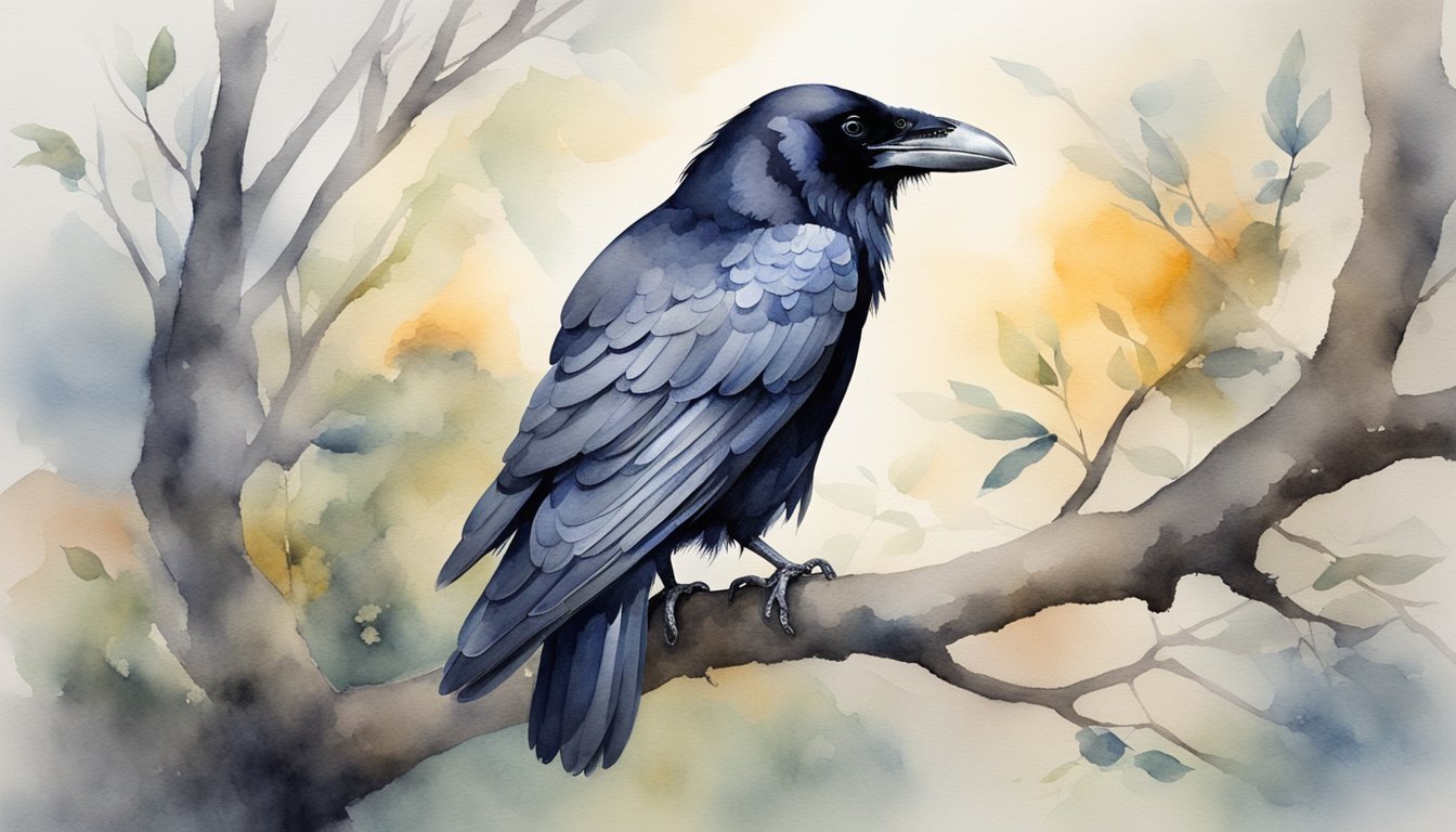 A raven perched on a branch, its wise eyes observing the world.</p><p>Surrounding it, symbols of daily life intertwine with the raven's essence