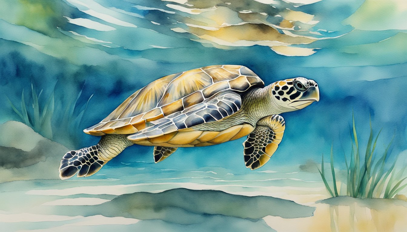 A turtle peacefully glides through clear water, embodying patience and resilience in its environment
