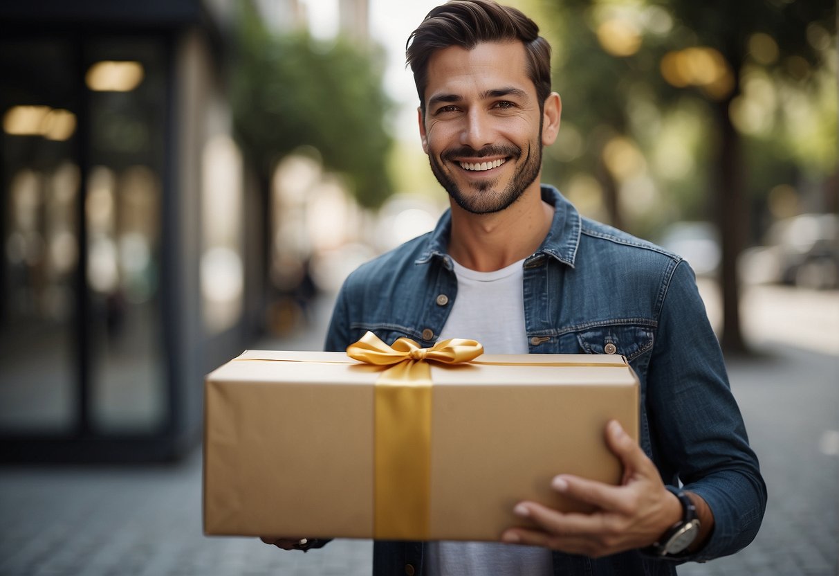 A man happily receives a gift box filled with educational and creative items
