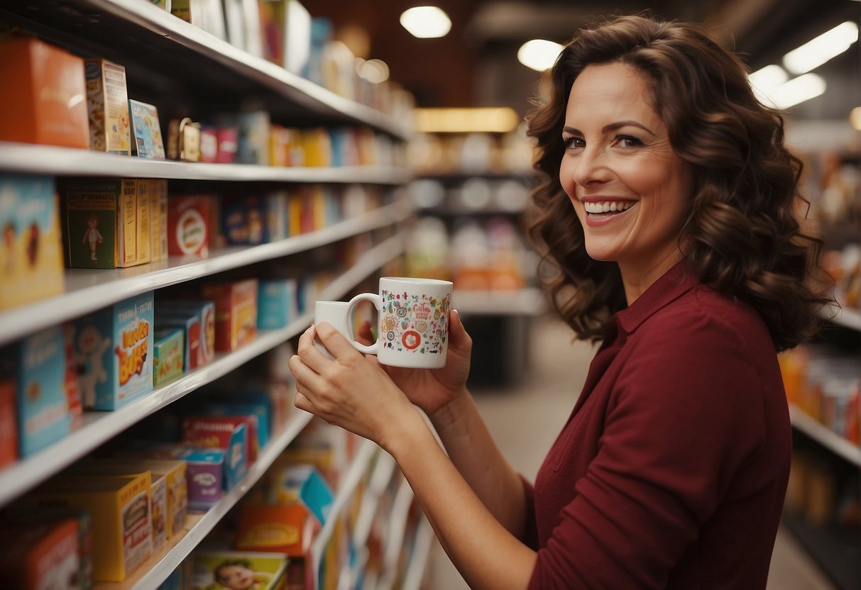 A woman browses shelves of novelty gifts, chuckling at quirky items. She holds a funny mug and looks at a humorous greeting card