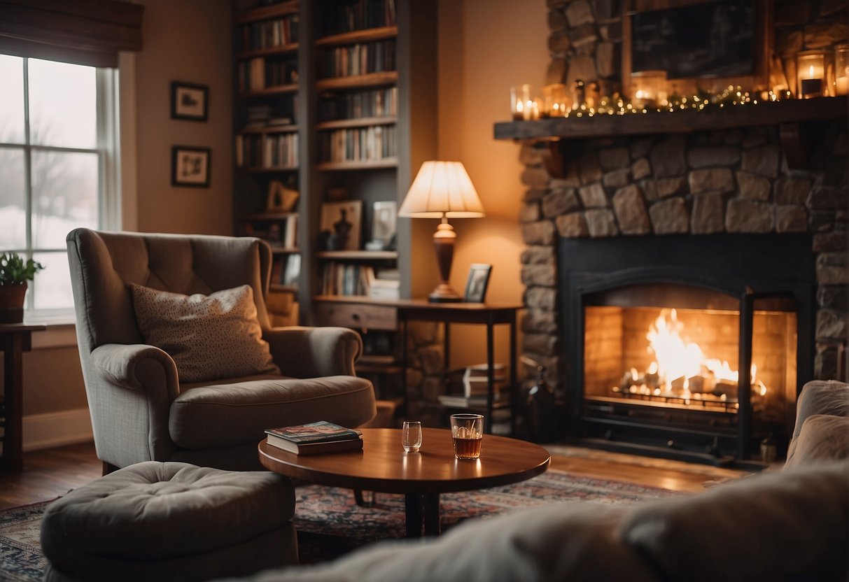 A cozy living room with a crackling fireplace, a comfortable armchair, and a shelf full of books and board games. A glass of whiskey sits on a side table, and soft music plays in the background