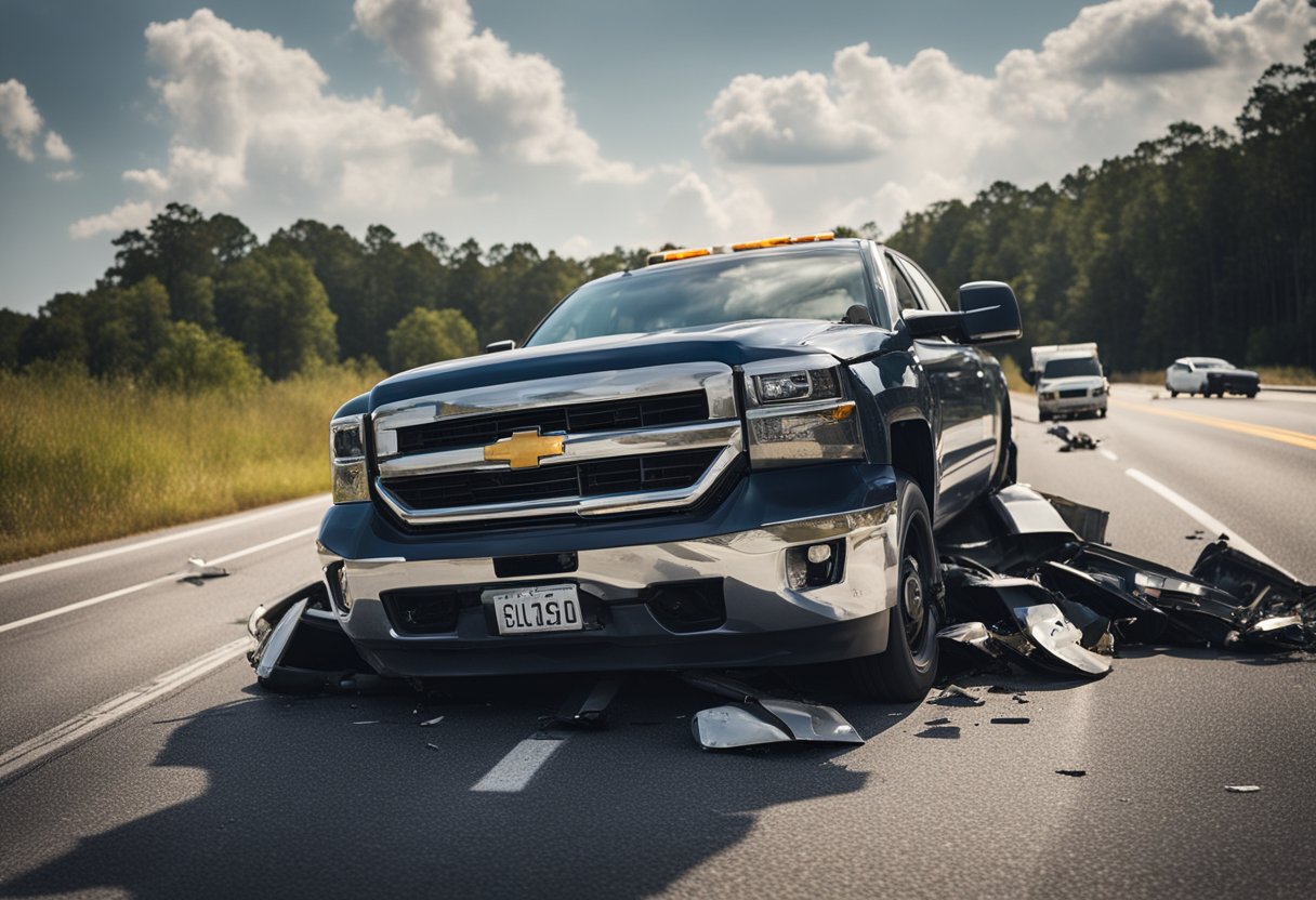 A truck crashed into a car on a South Carolina highway. Police cars and emergency vehicles surround the scene. Skid marks and debris litter the road