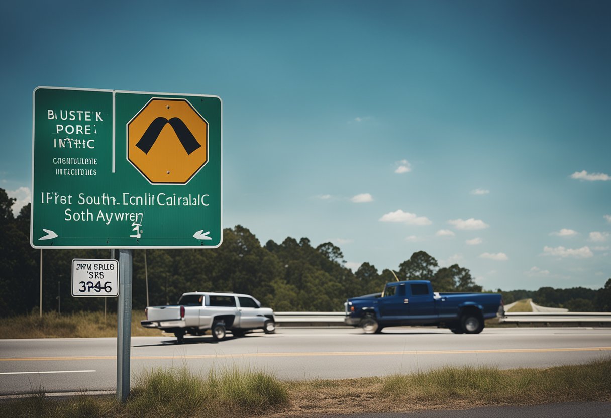 A busy South Carolina highway with a crashed truck and a lawyer's office sign in the background