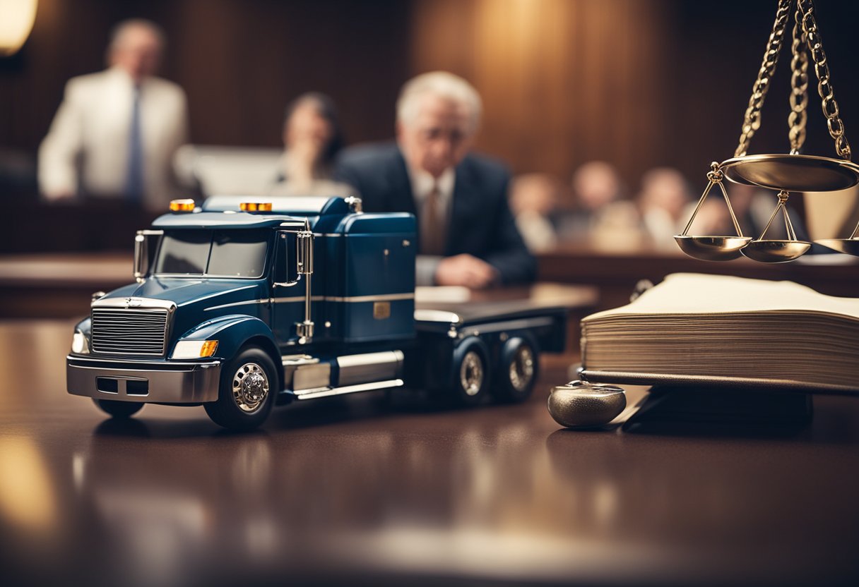 A lawyer in a courtroom presents evidence of a truck accident in South Carolina, while a judge oversees the legal process for compensation