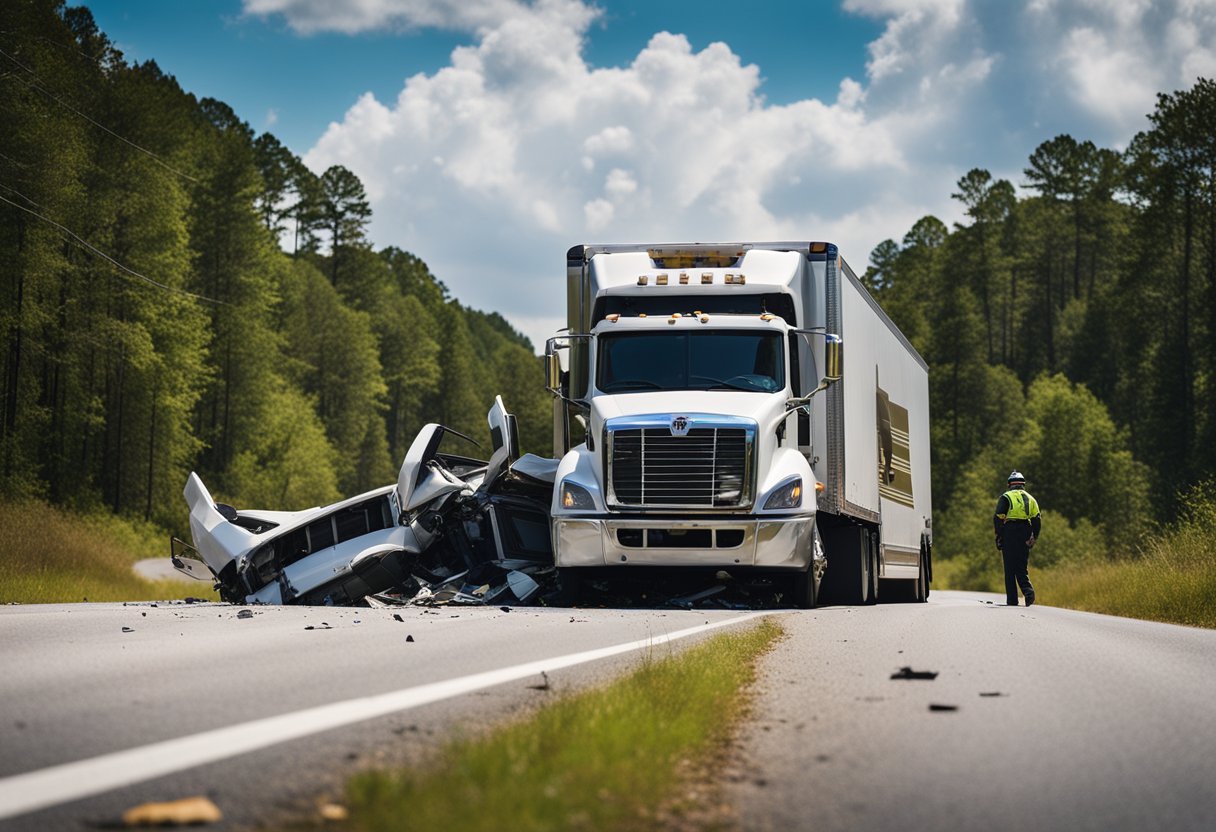 A truck crashed on a South Carolina highway, with debris scattered and emergency vehicles on the scene