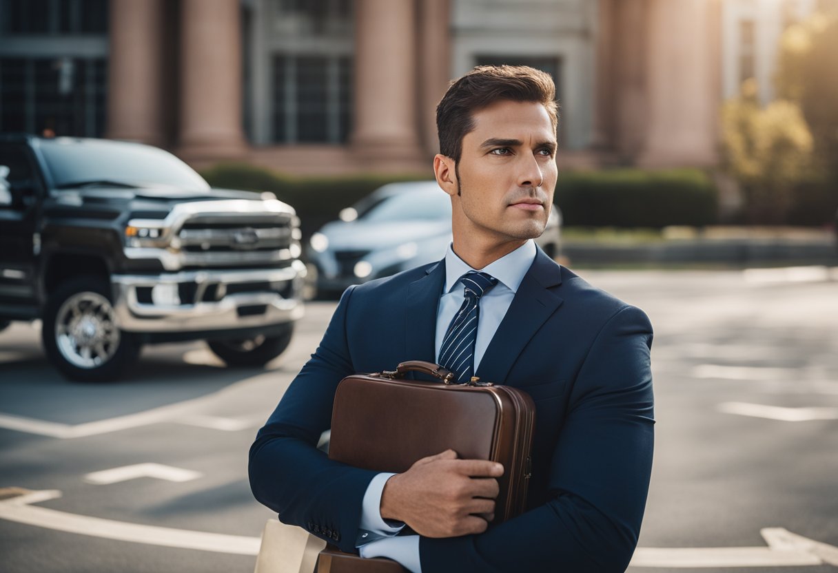 A truck accident lawyer in South Carolina stands confidently in front of a courthouse, with a determined expression and a briefcase in hand