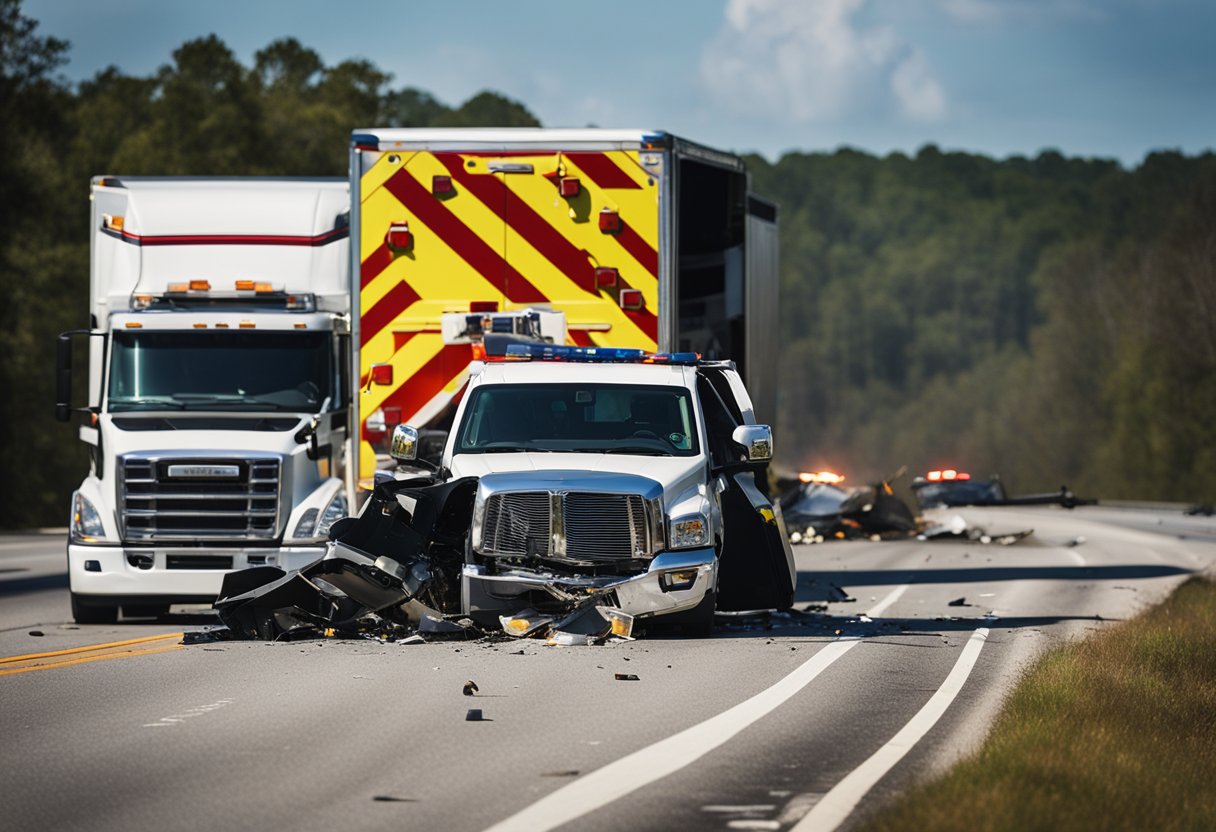 A truck crashed on a South Carolina highway, with debris scattered and emergency vehicles on the scene