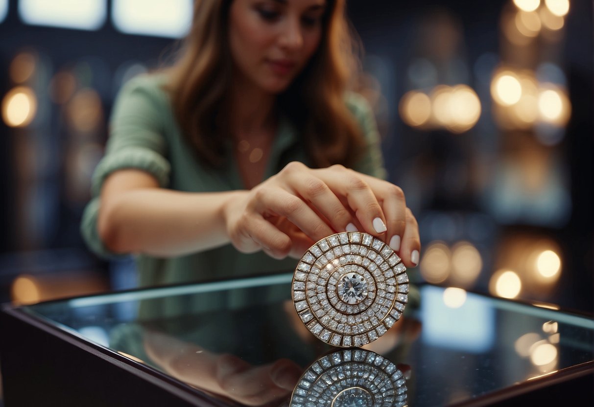 A person carefully selects a beautiful piece of jewelry from a display case, holding it up to admire its sparkle before placing it in a gift box with a bow