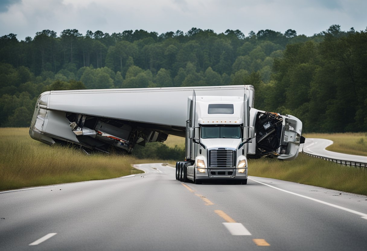 A semi truck overturned on a South Carolina highway, with debris scattered and emergency vehicles on the scene