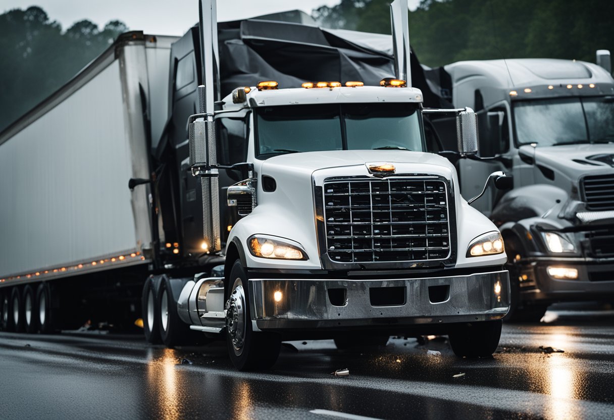 A semi truck jackknifes on a rainy South Carolina highway, causing a multi-vehicle pileup. Emergency vehicles and debris litter the scene