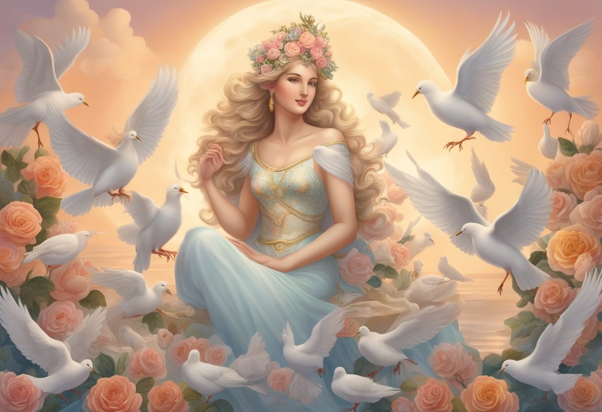 The goddess Venus standing on a seashell, surrounded by doves and roses, with a radiant glow and a sense of allure