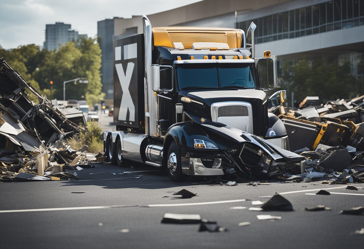 A truck lies overturned on a busy highway, surrounded by debris and emergency vehicles. A lawyer's office sign is visible in the background