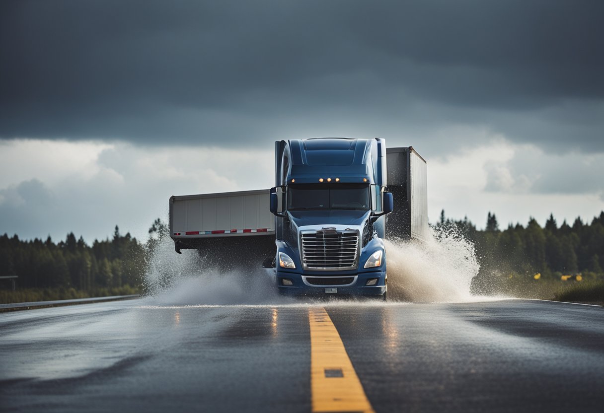 A semi-truck skids off a wet highway, crashing into a guardrail. Debris scatters as the truck comes to a halt