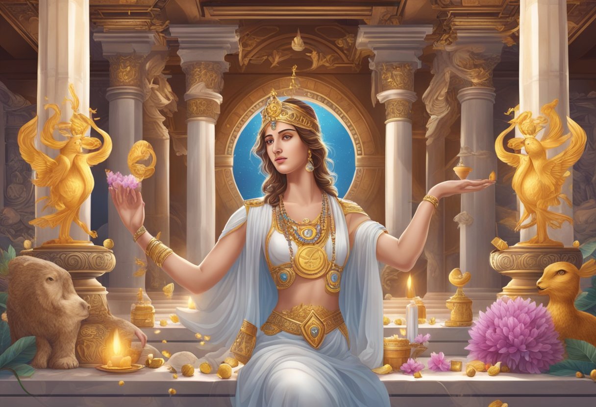 Ancient Greek ritual: Venus, goddess of love and seduction, surrounded by magical symbols and offerings in a sacred temple