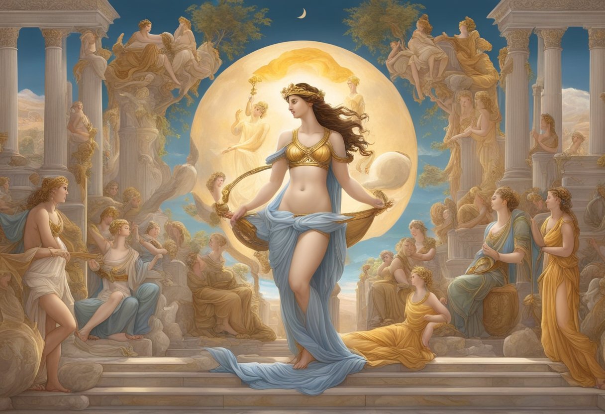 The scene depicts the influence of Venus in ancient Greece, with emphasis on love, seduction, and ritualistic society. The focal point is the goddess Venus, surrounded by magical elements and artistic representations