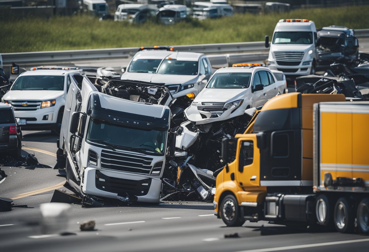 A semi-truck collides with a smaller car on a busy highway, causing a pile-up of vehicles. The wreckage is strewn across the road, with emergency vehicles arriving on the scene