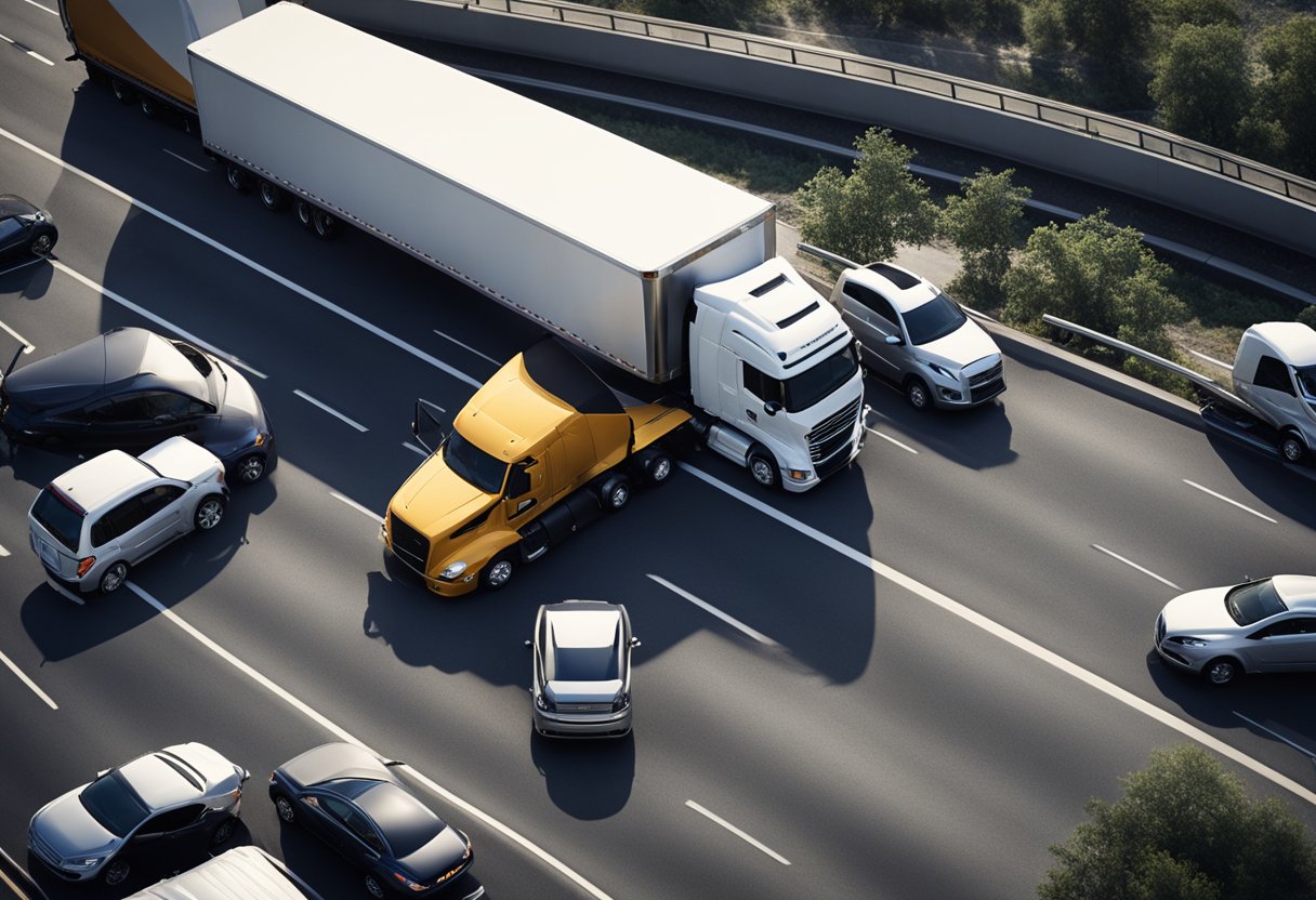 A semi-truck collides with a smaller vehicle on a busy highway, causing a pile-up of cars and debris. The truck's logo is visible on the side