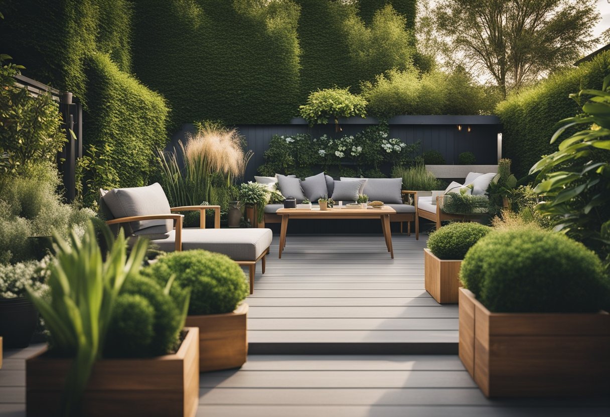 Lush garden with modern furniture, high-tech gardening tools, and vibrant plants. Trendy outdoor decor and stylish planters for the 2024 gardening season