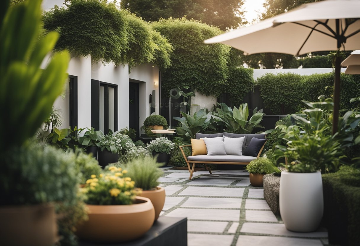 A lush garden with modern furniture, stylish planters, and trendy decor for the 2024 gardening season