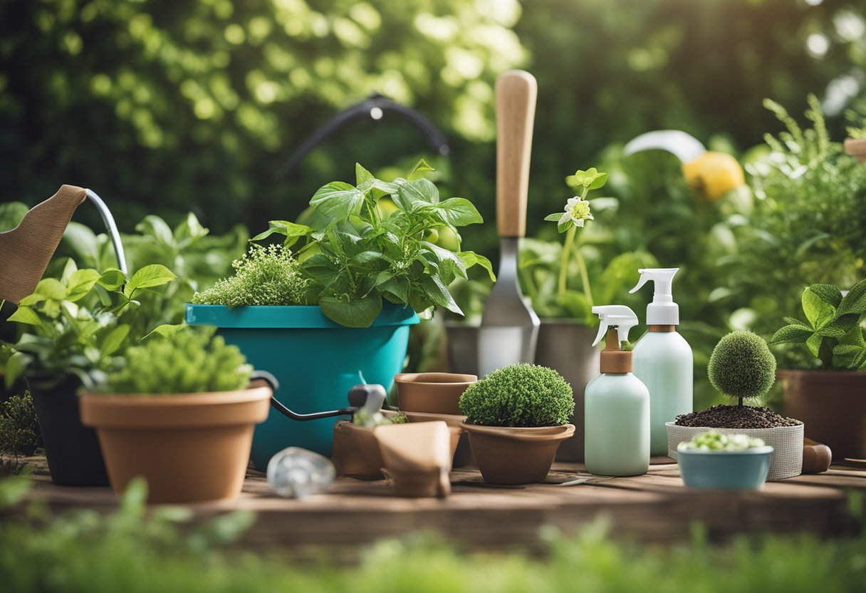 A lush garden with eco-friendly tools and plant care products, showcasing the latest trends for the 2024 gardening season