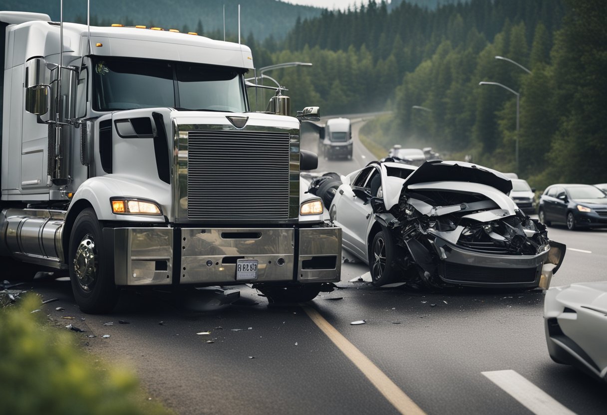 A semi-truck collides with a smaller vehicle on a busy highway, causing a pile-up of cars and debris