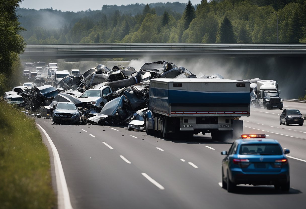 A truck collides with a car on a highway, causing a pile-up. Debris scatters as emergency vehicles rush to the scene