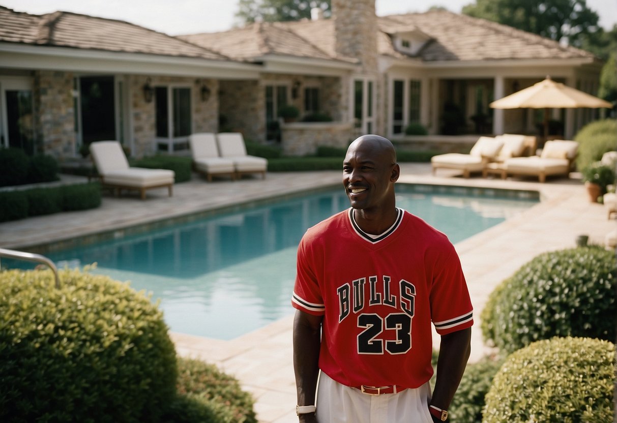Michael Jordan's home features a sprawling estate with a basketball court, swimming pool, and luxurious outdoor living spaces