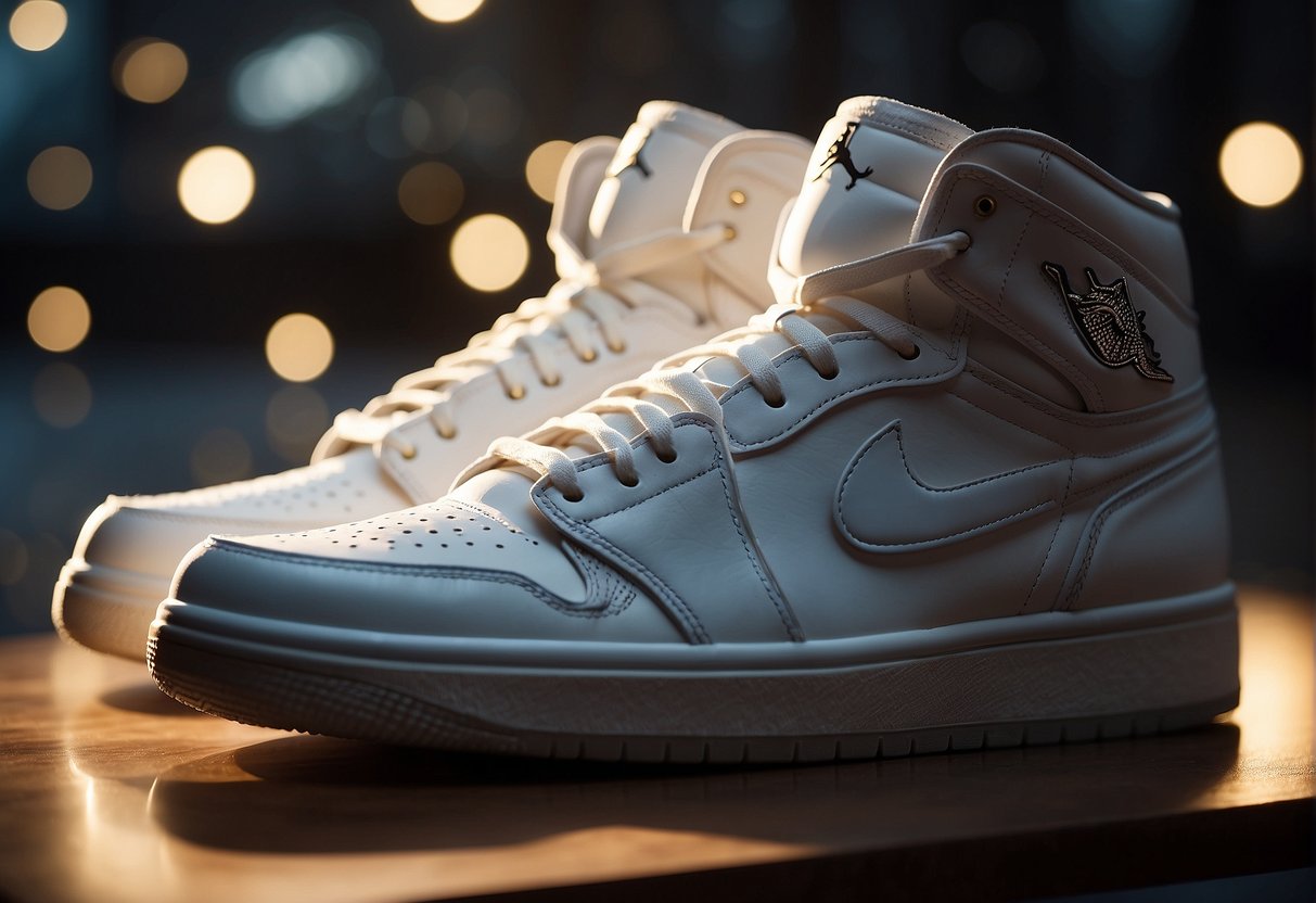 A pair of Air Jordan sneakers, size 13, placed on a pristine white pedestal, with a spotlight shining down on them