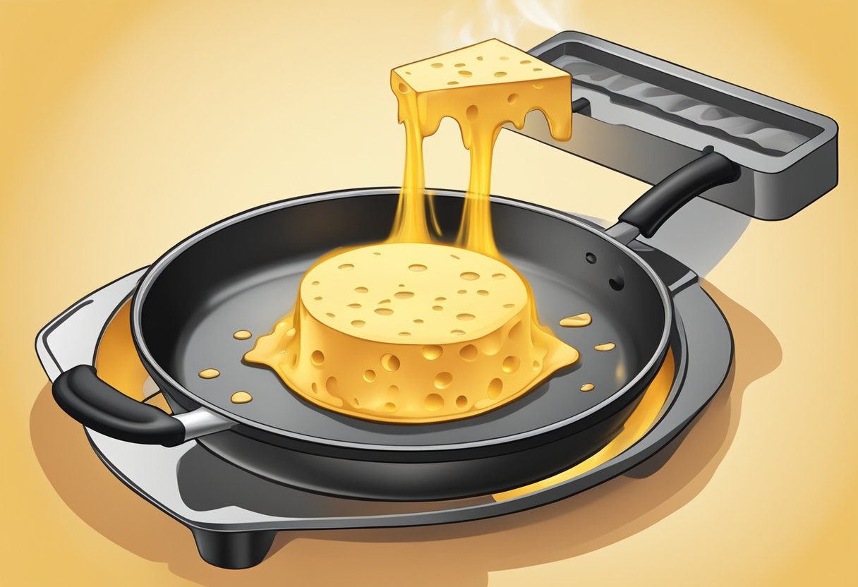 A block of cheese substitute melting on a hot pan, emitting a sizzling sound and releasing a savory aroma