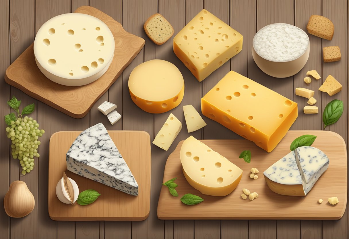 A variety of cheese substitutes arranged on a wooden board with labels