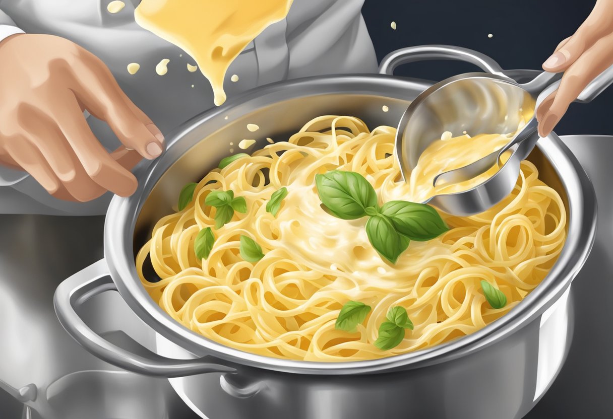 A chef pours a creamy cheese substitute into a bubbling pot of pasta, adding a rich and savory flavor to the dish