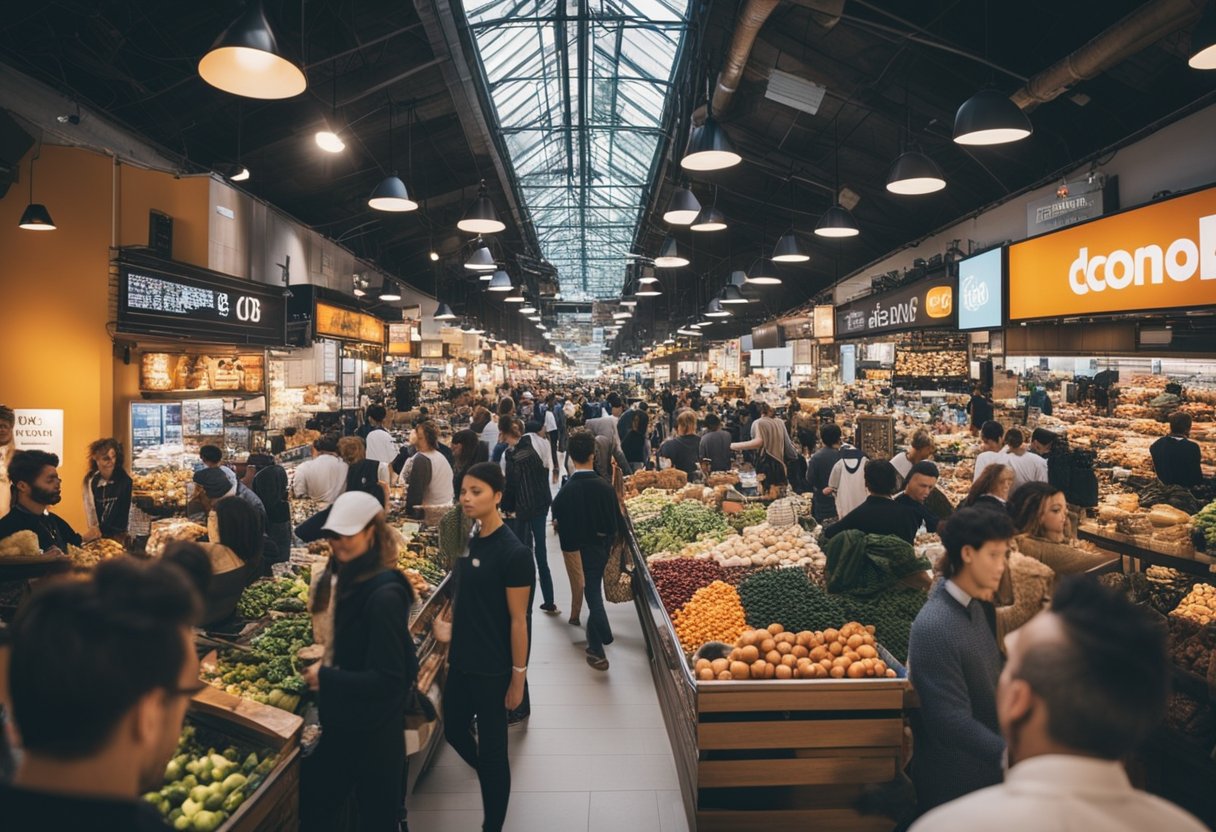 A crowded marketplace with various competing brands and products, each vying for attention. Bright, eye-catching displays and signage add to the chaotic atmosphere