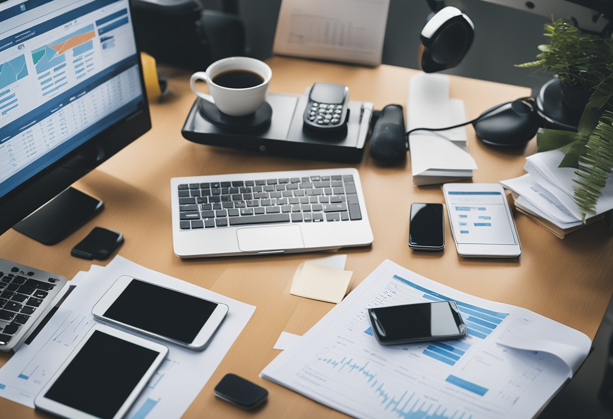 A cluttered desk with scattered papers, a ringing phone, and a computer screen displaying various marketing statistics and graphs
