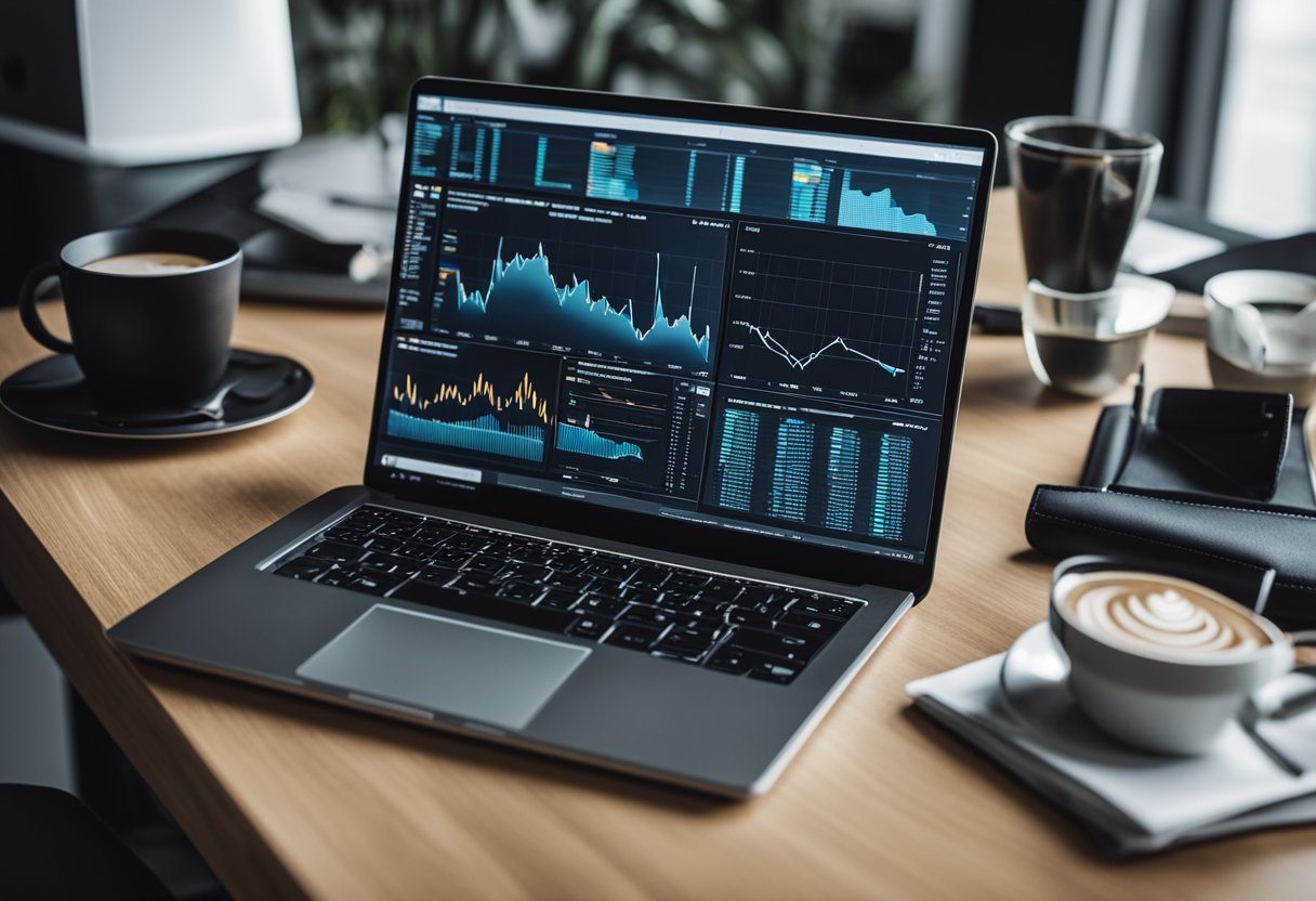 A laptop surrounded by various digital marketing tools and platforms, with data analytics charts and graphs on the screen