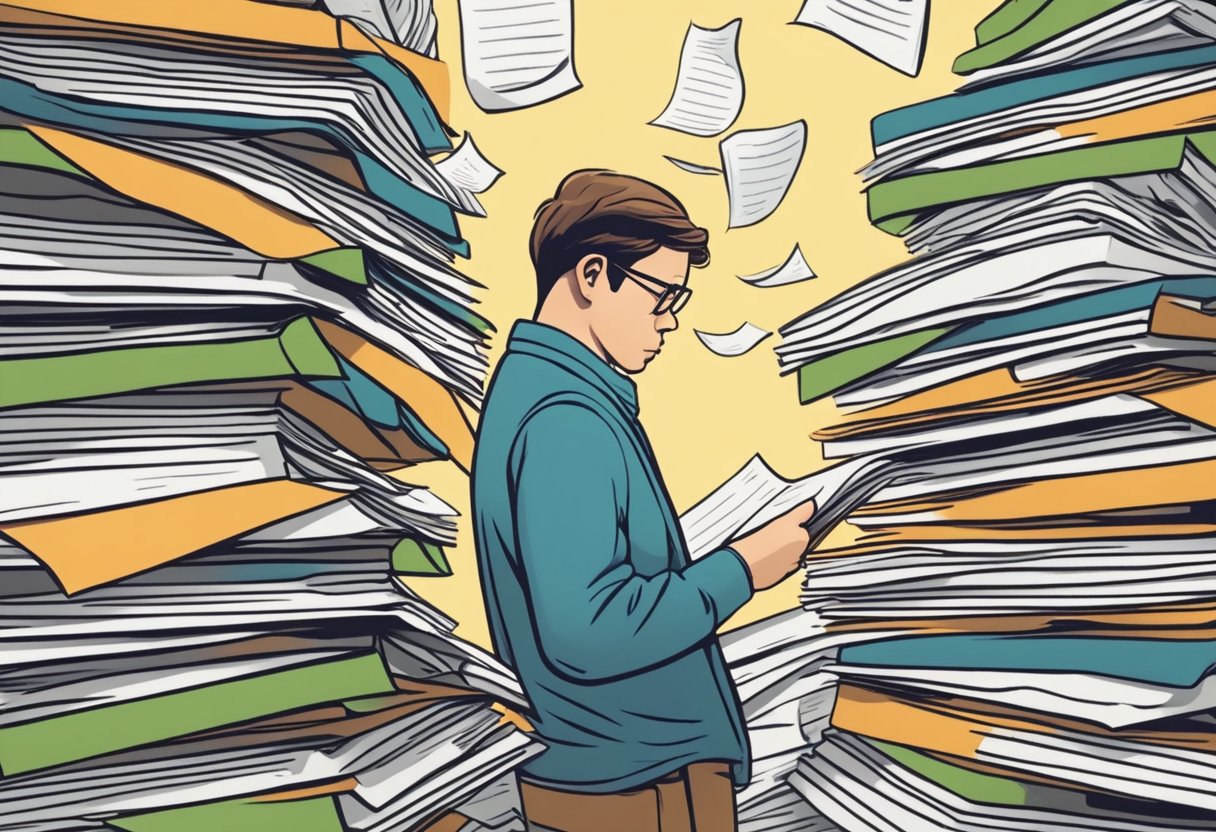 A person anxiously searches through a stack of papers and folders, frantically looking for their amended SETC tax credit and refund