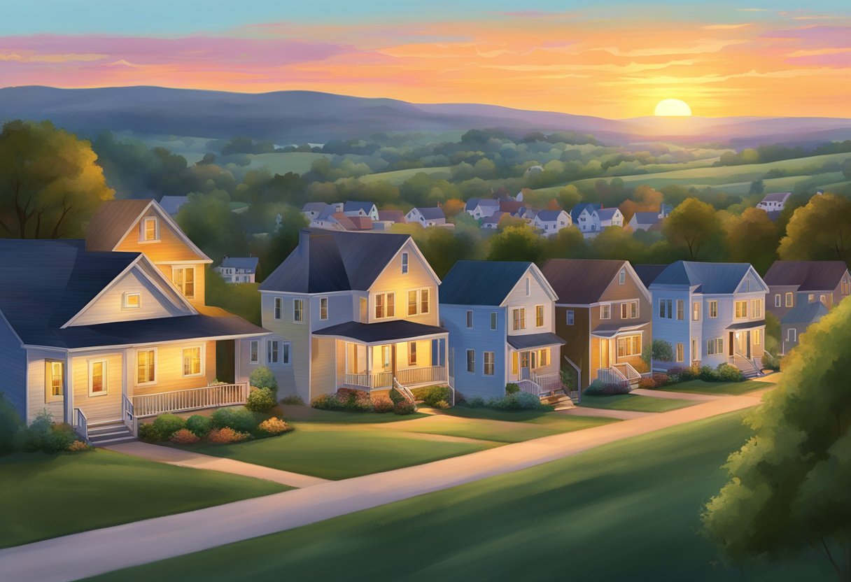 The sun sets behind the rolling hills of New Bloomington, OH, casting a warm glow over the quiet streets and quaint homes