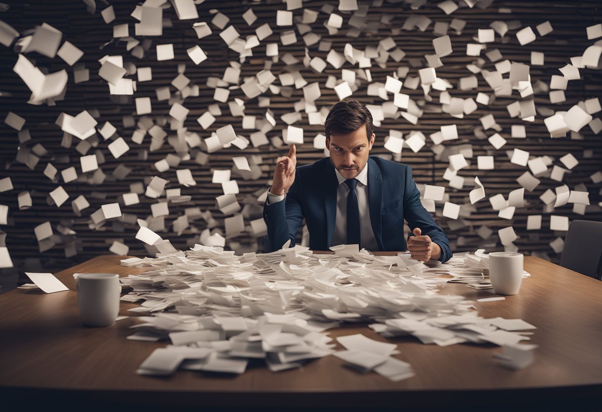 Customers puzzled by FAQs, scattered papers, and a frustrated marketer seeking solutions