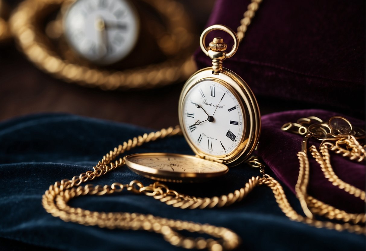 A gold pocket watch displayed on a velvet cushion in an ornate online marketplace setting, surrounded by other luxury timepieces
Gold Pocket Watch
