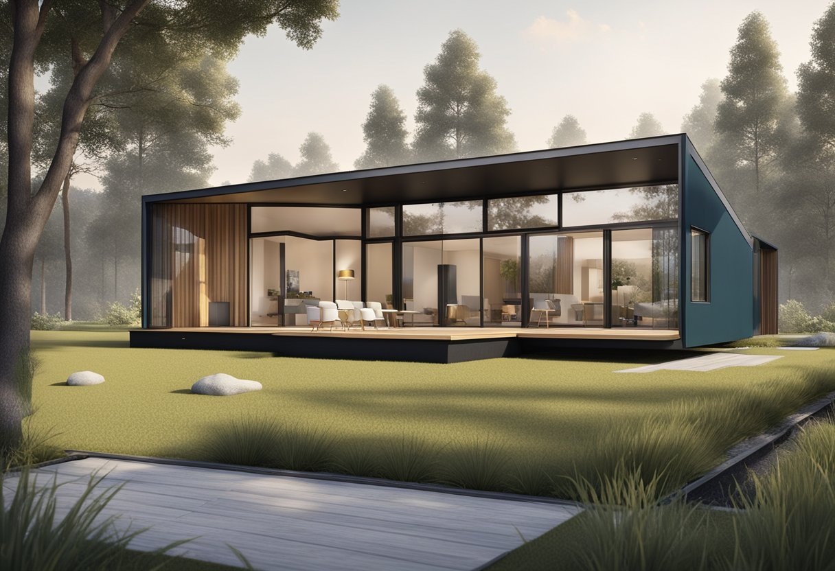 A prefabricated steel villa stands in a serene landscape, showcasing its modern design and durability. The assembly process is depicted, highlighting the efficient construction method