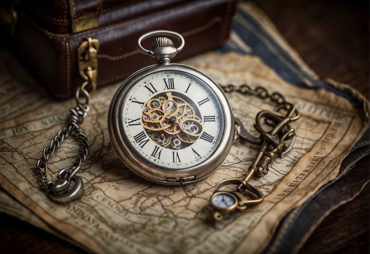 A silver pocket watch rests on a velvet cushion, surrounded by antique maps and historical documents. The watch is open, revealing intricate gears and engravings, symbolizing the passage of time and the importance of precision in history
Silver Pocket Watch