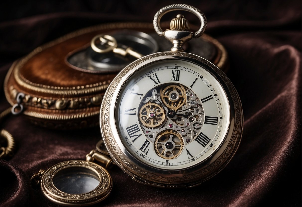 A silver pocket watch with intricate engravings rests on a velvet cushion, surrounded by antique keys and a magnifying glass
Silver Pocket Watch