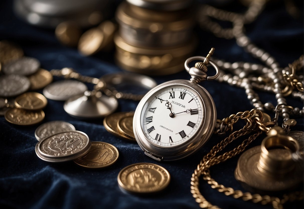A silver pocket watch gleams on a velvet display, surrounded by antique coins and jewelry
Silver Pocket Watch