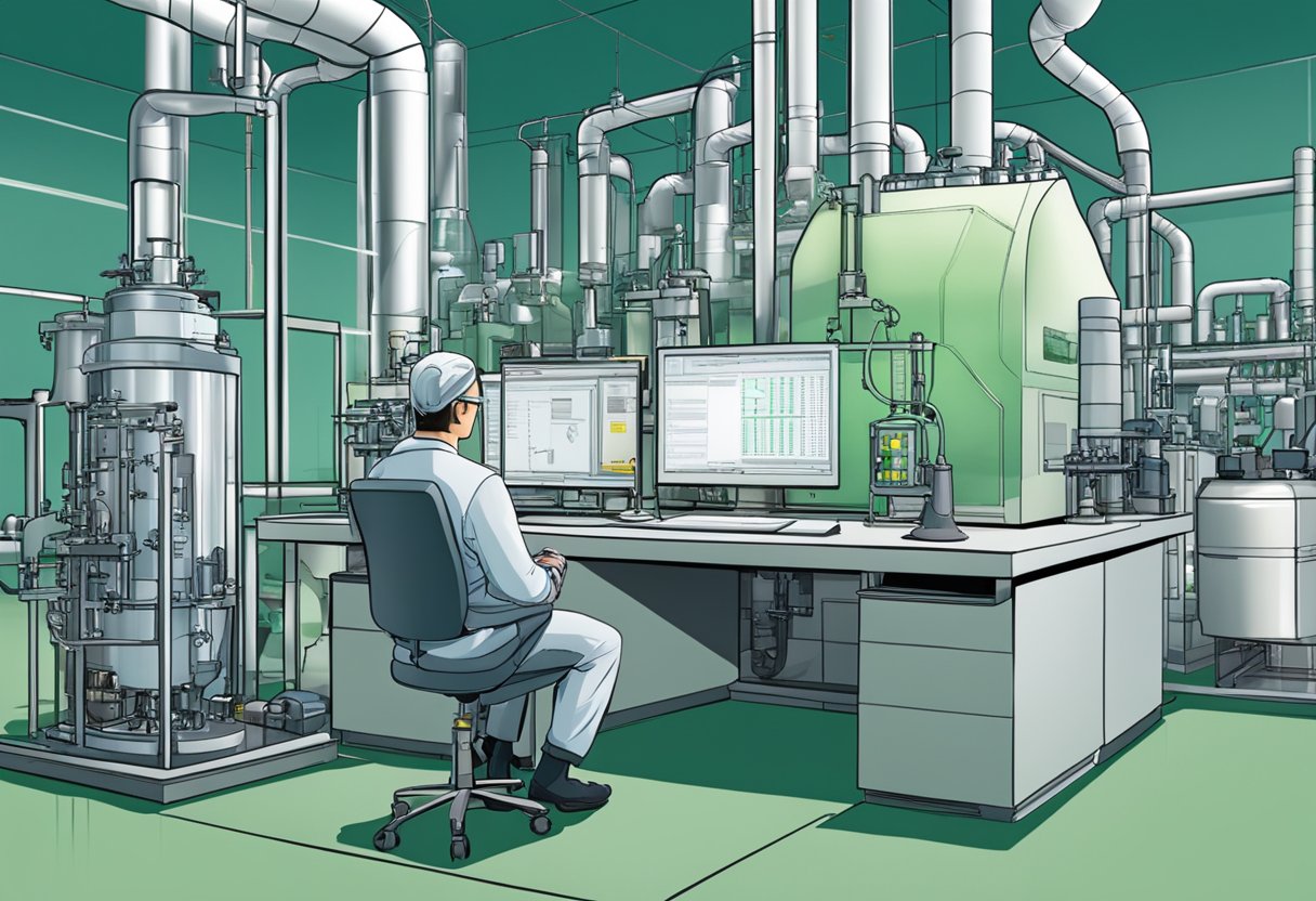 The scene depicts a laboratory with advanced bioenergy equipment and machinery. A scientist is analyzing data on a computer while a biofuel reactor hums in the background