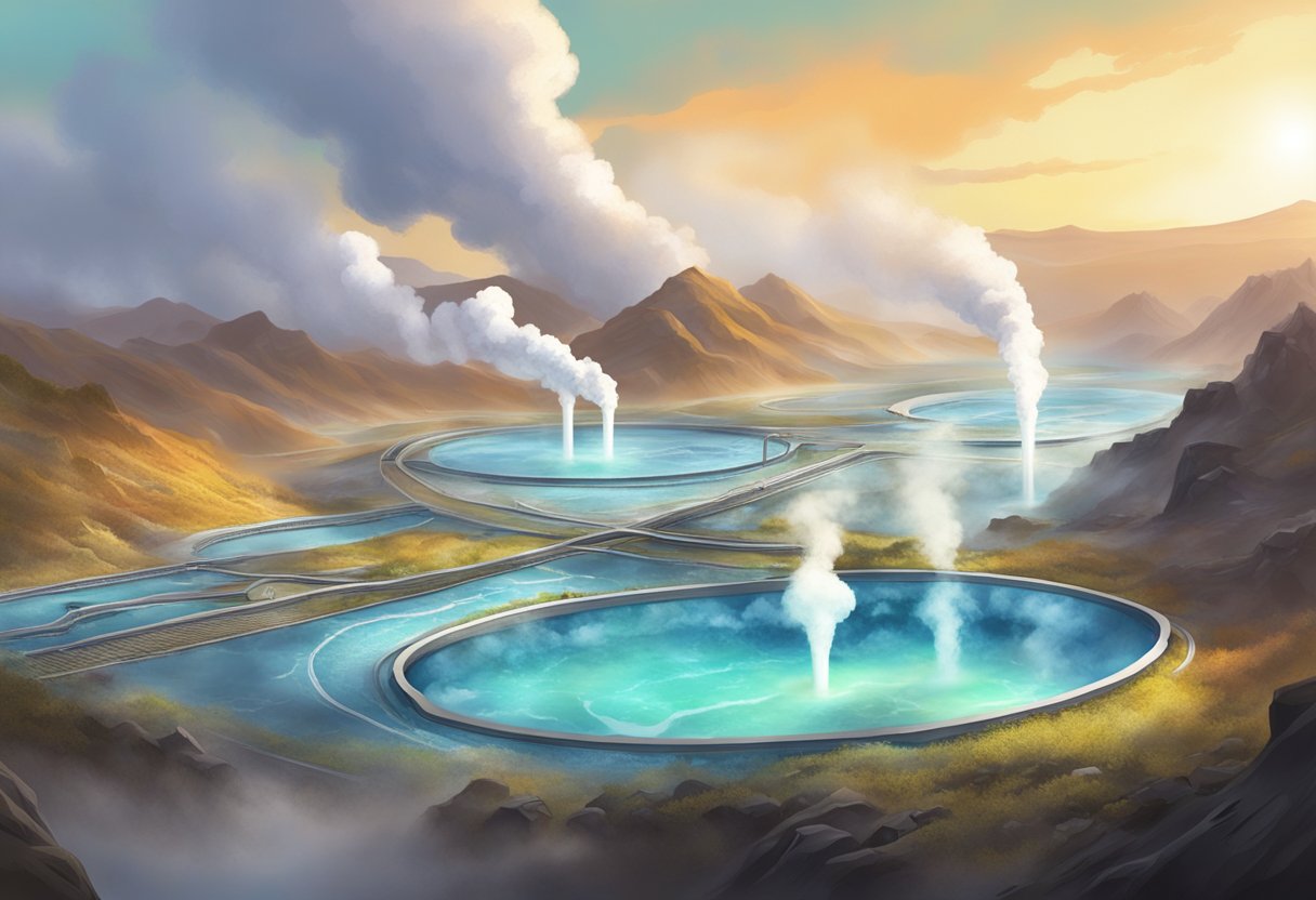 Bubbling geothermal pools surrounded by steam vents and futuristic energy infrastructure